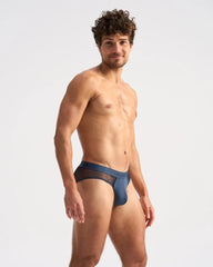 Navy blue score sheer brief mesh trimmed with a sleek modern design for comfortable everyday wear