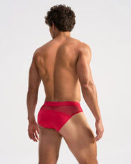 Red men’s briefs score sheer brief with a sheer mesh panel at the back for breathable comfort