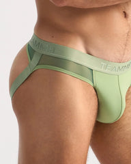 Light green score sheer jock briefs with teammb branding and smooth form-fitting sheer mesh design