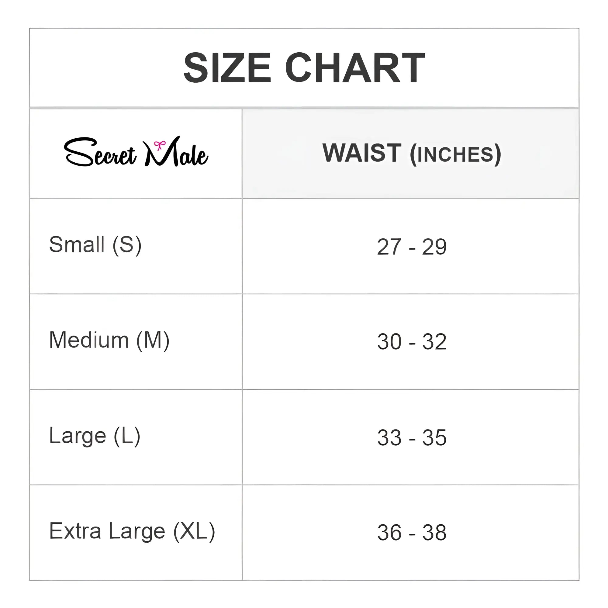 Secret male sml017 g-string size chart showing waist measurements for small medium large and extra large sizes