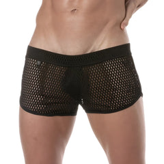 Black see-through mesh short briefs with solid waistband featuring breathable mesh fabric design
