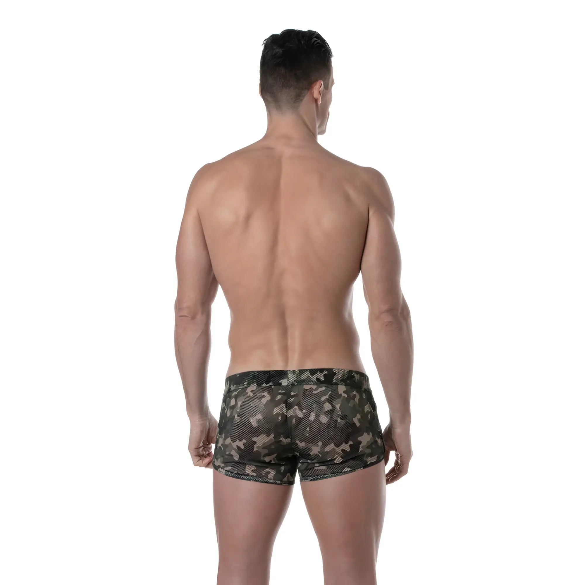 Men’s camouflage see-through mesh briefs showcasing breathable mesh material and a camo print design