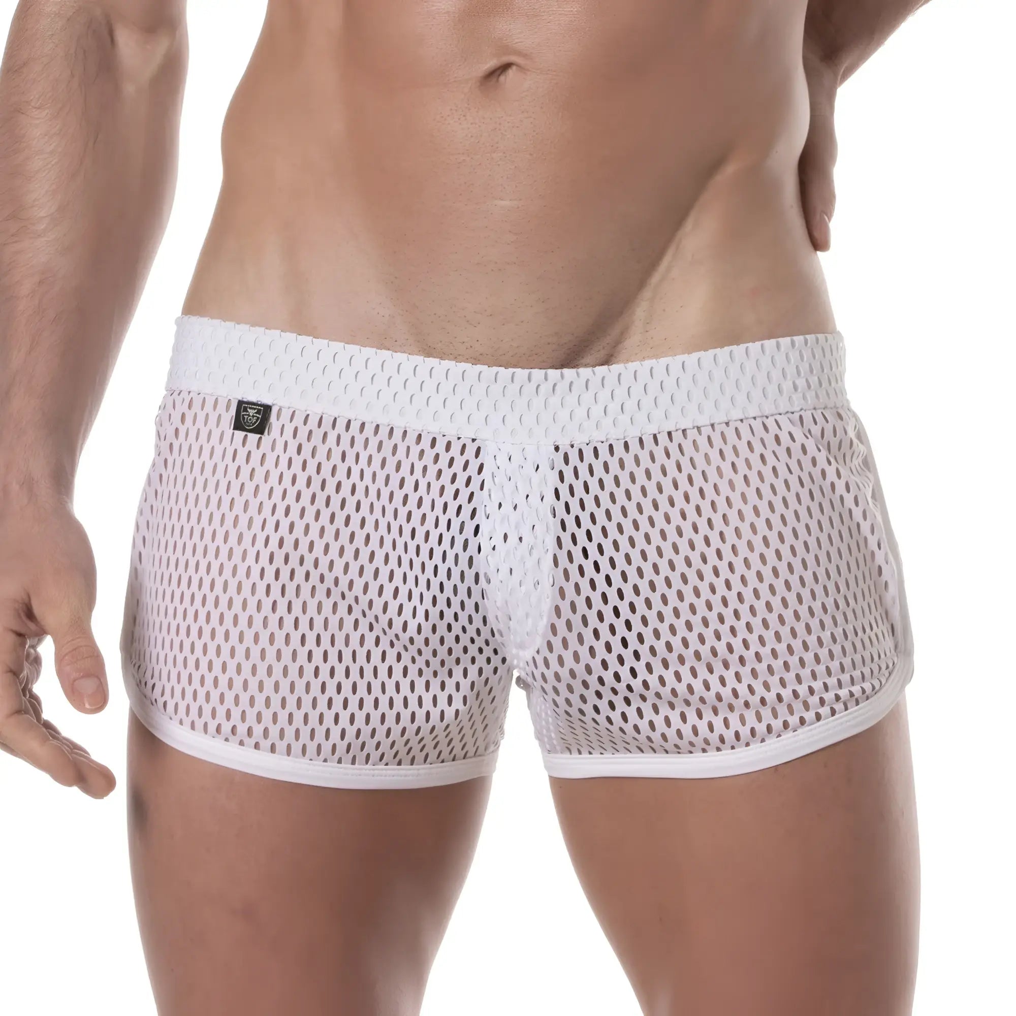 White see-through mesh short briefs with solid white waistband and trim made of mesh fabric