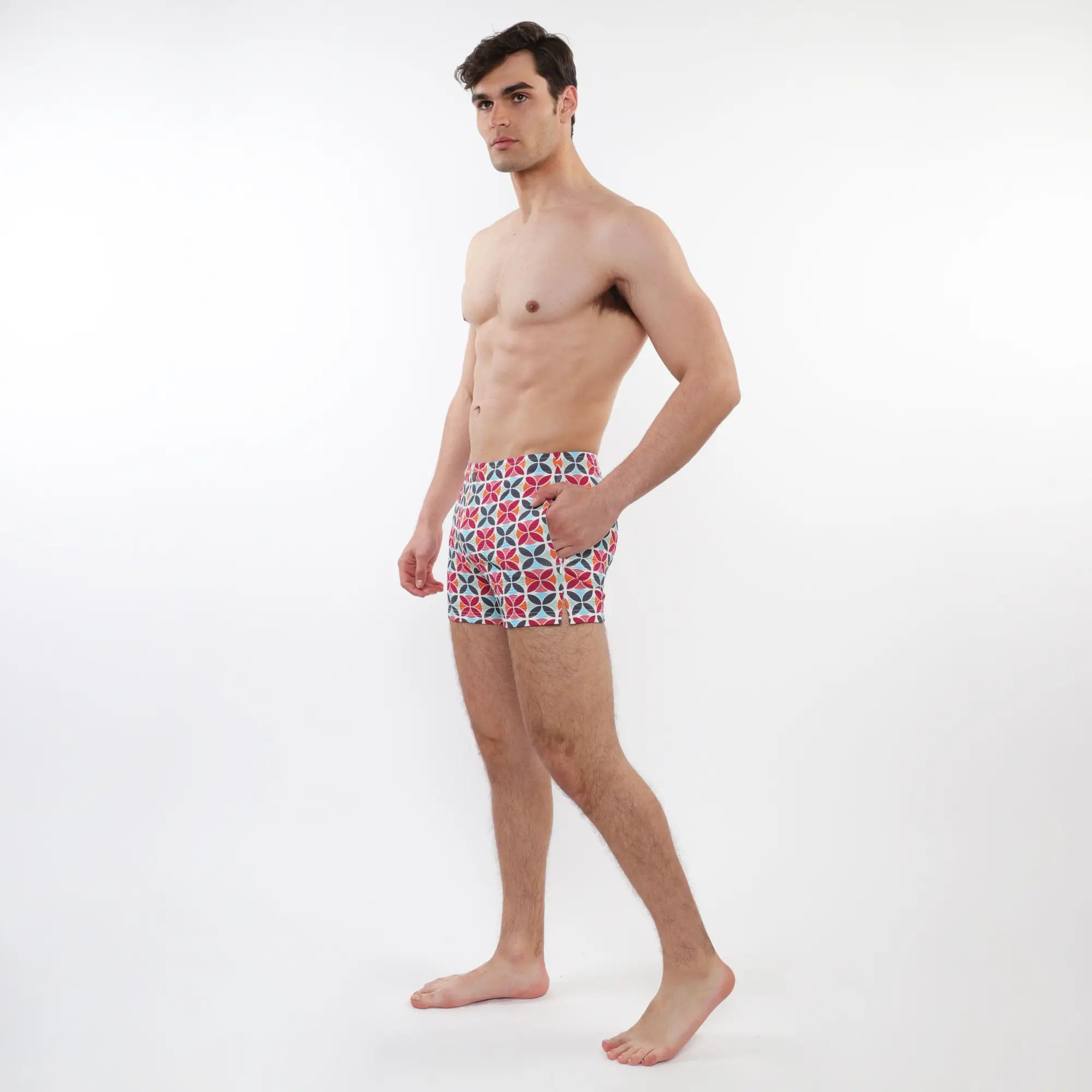 Men’s red white and navy blue geometric patterned briefs featured with seersucker swim shorts with mesh lining