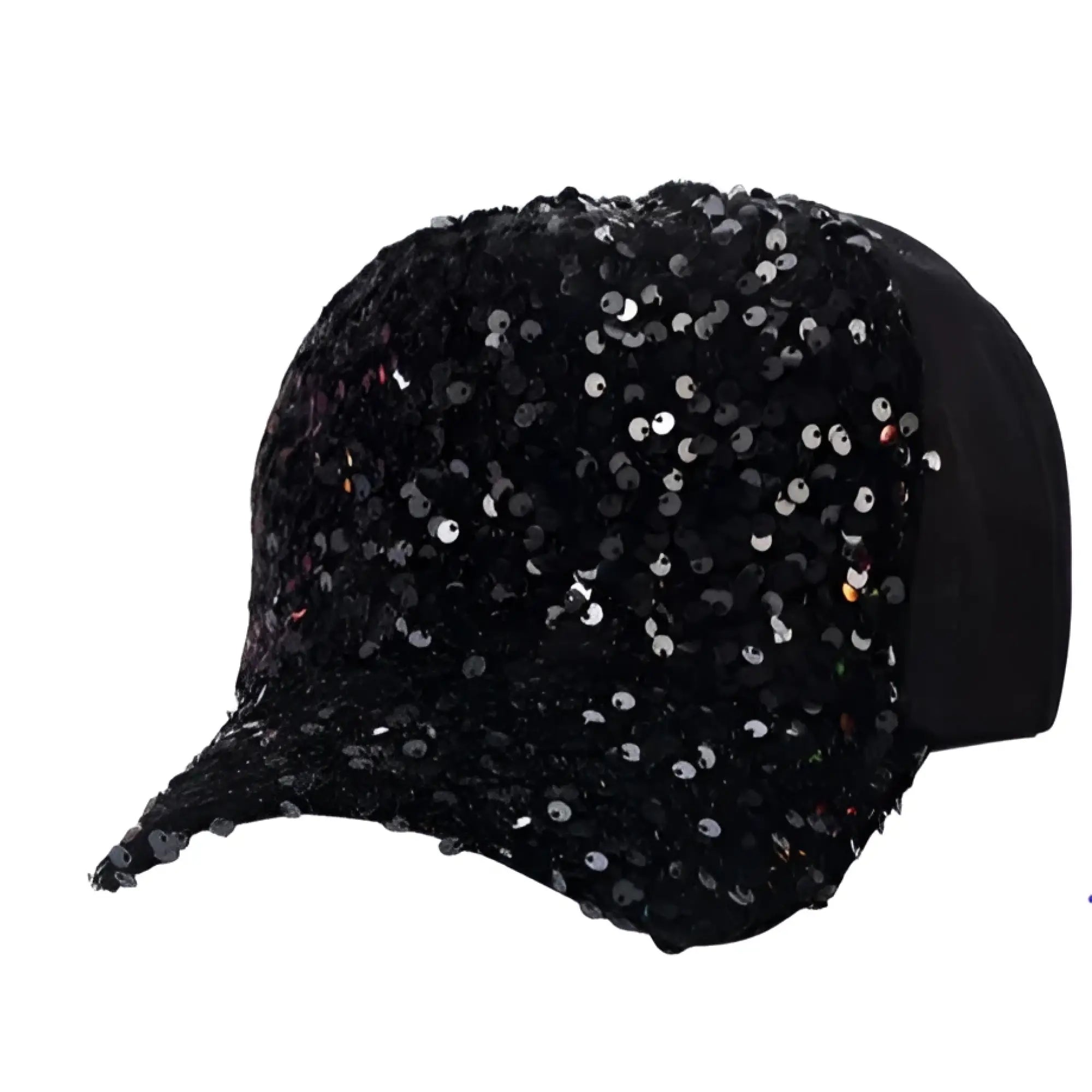 Black sequin baseball cap featuring sparkling sequins for a stylish and eye-catching look