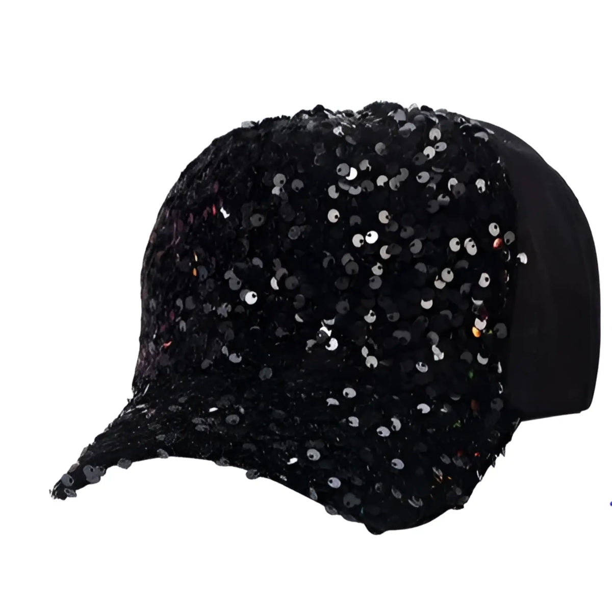 Black sequin baseball cap featuring sparkling sequins for a stylish and eye-catching look