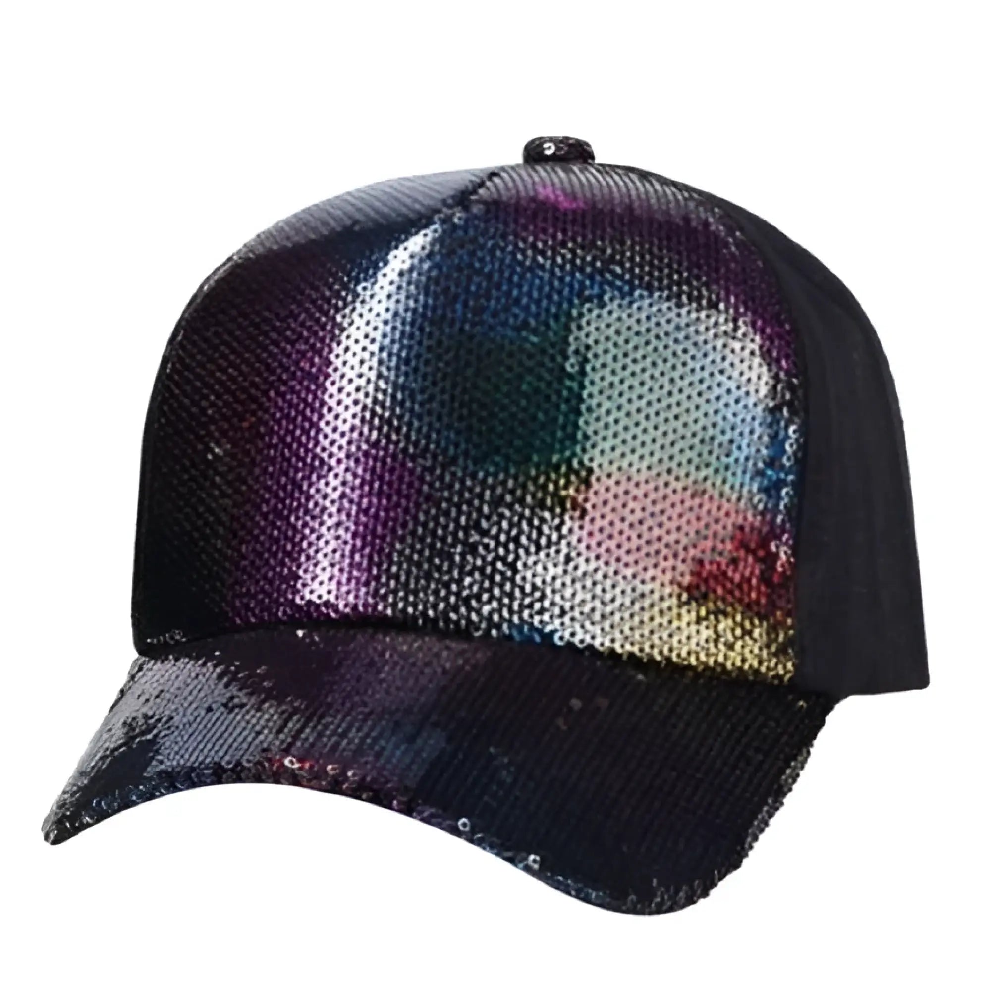 Sequin baseball cap with black base and shimmering galaxy-themed sequin front panel in iridescent purples and blues