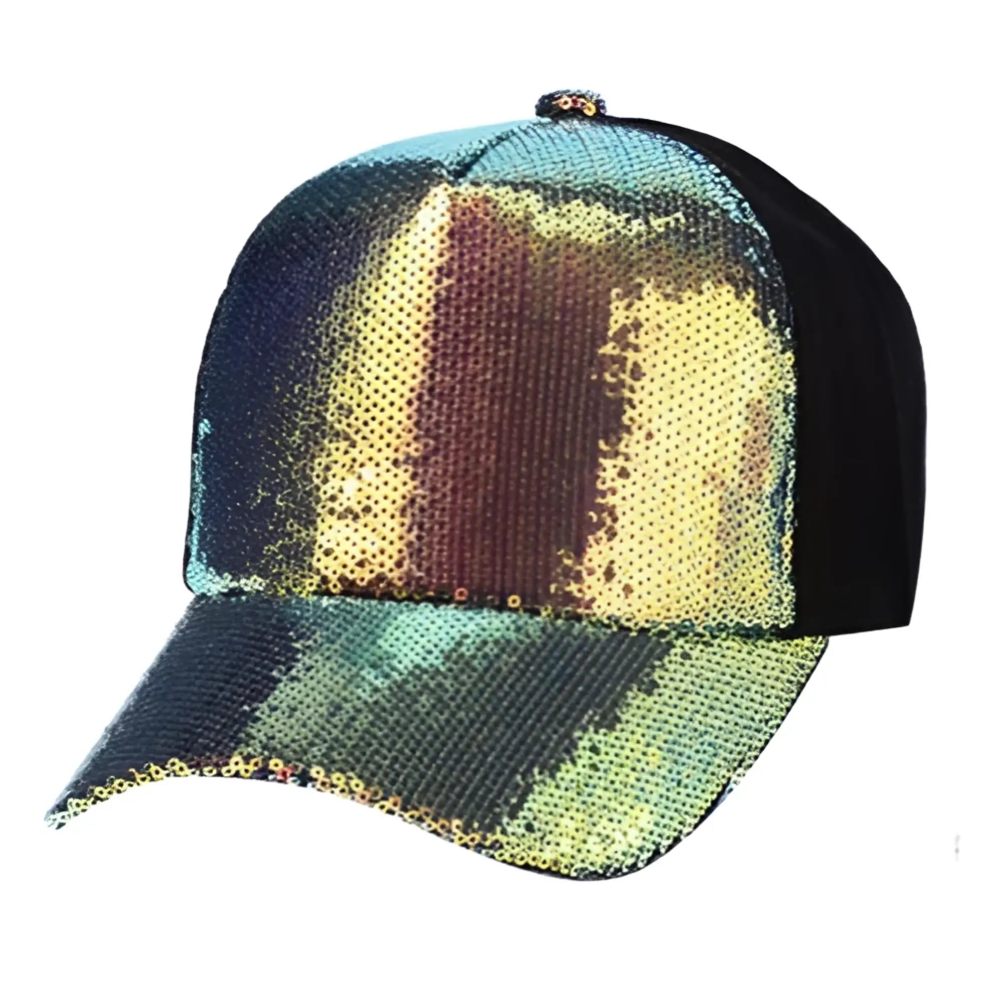 Sequin baseball cap with iridescent teal gold and bronze sequins black mesh back and brim