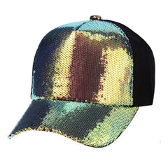 Sequin baseball cap with iridescent teal gold and bronze sequins black mesh back and brim