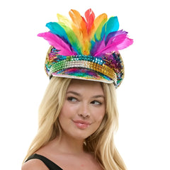 Sequin festival hat with a wide brim decorated with vibrant rainbow feathered sequins for festive wear