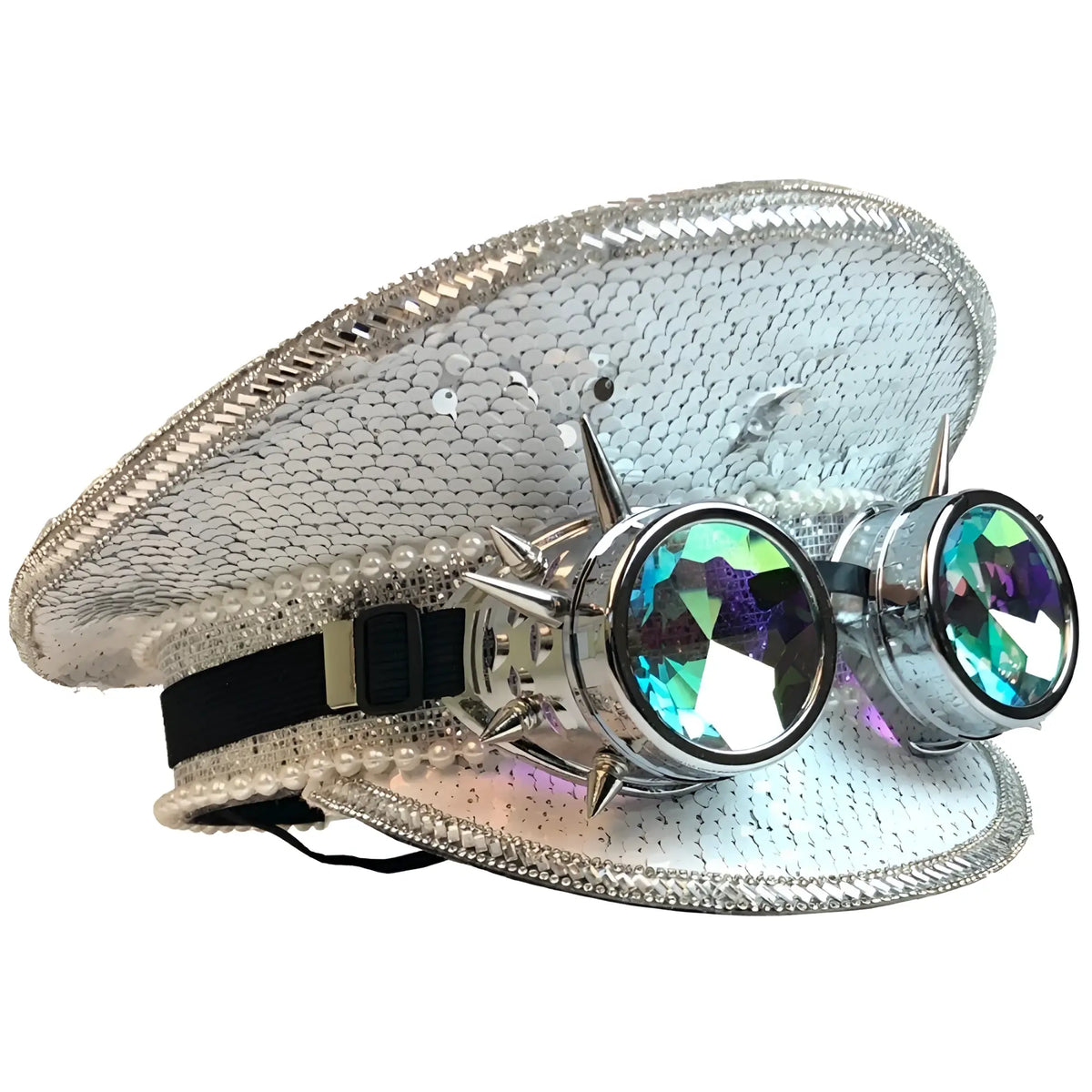 Silver sequined festival cap with pearl trim and spiked steampunk goggles featuring iridescent lenses