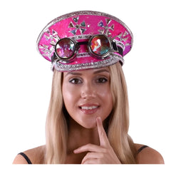 A vibrant pink sequin festival steampunk hat with glittery rhinestones and integrated goggles