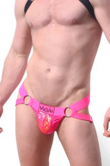 Bright pink sequined jockstrap briefs with black straps and metal rings for bold stylish wear