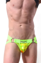 Neon green sequined jockstrap briefs with black logo and metal rings designed for bold statement wear