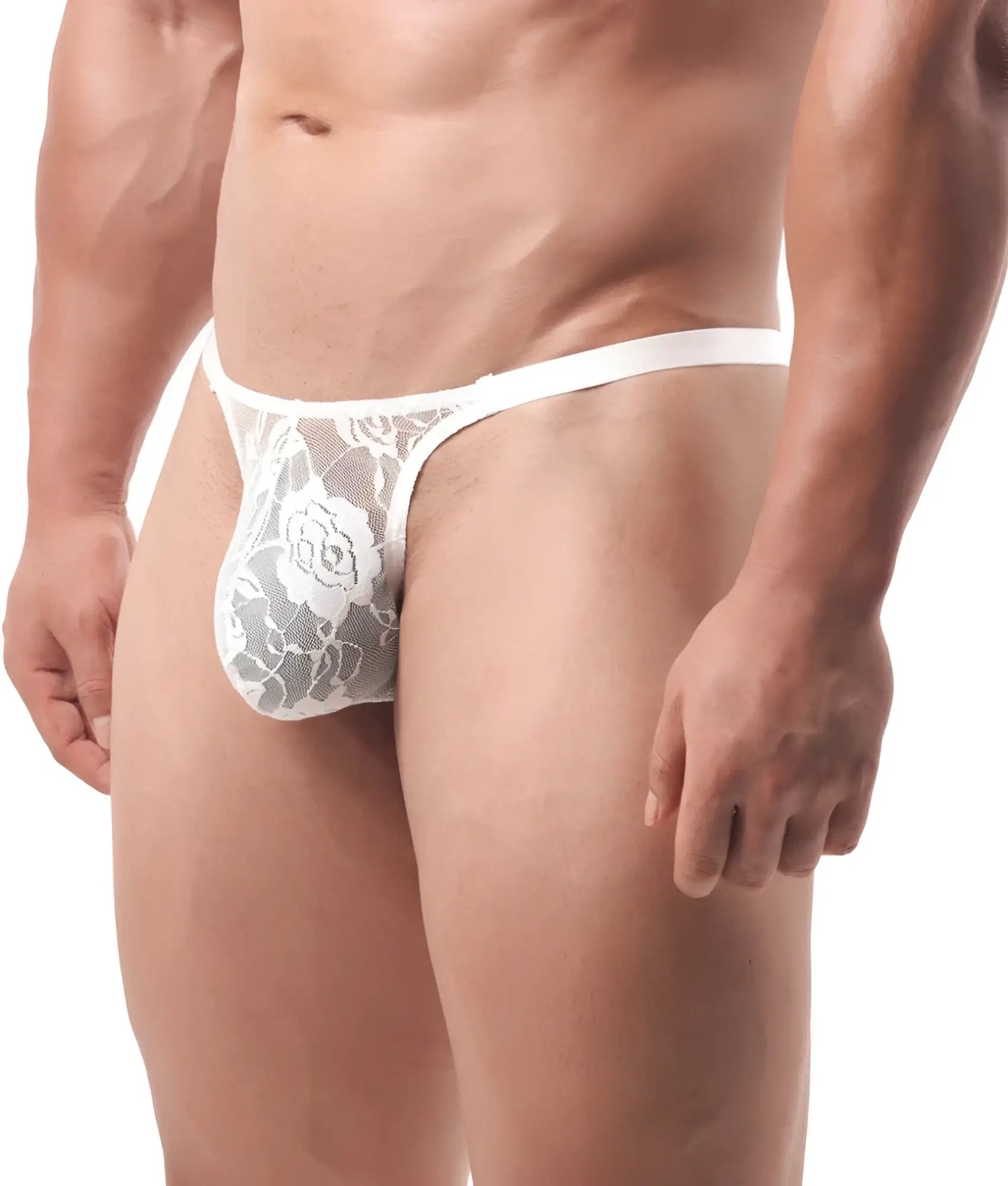 White lace thong with floral pattern for men featuring a sexy and breathable design for intimate wear