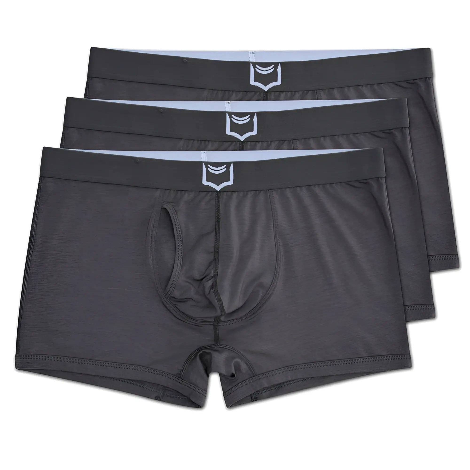 Dark gray men’s sheath 2.1 dual pouch trunks boxer briefs with white shield logo on waistband in 3 pack bundle