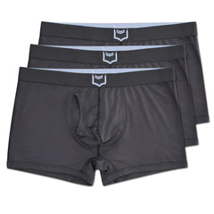 Dark gray men’s sheath 2.1 dual pouch trunks boxer briefs with white shield logo on waistband in 3 pack bundle