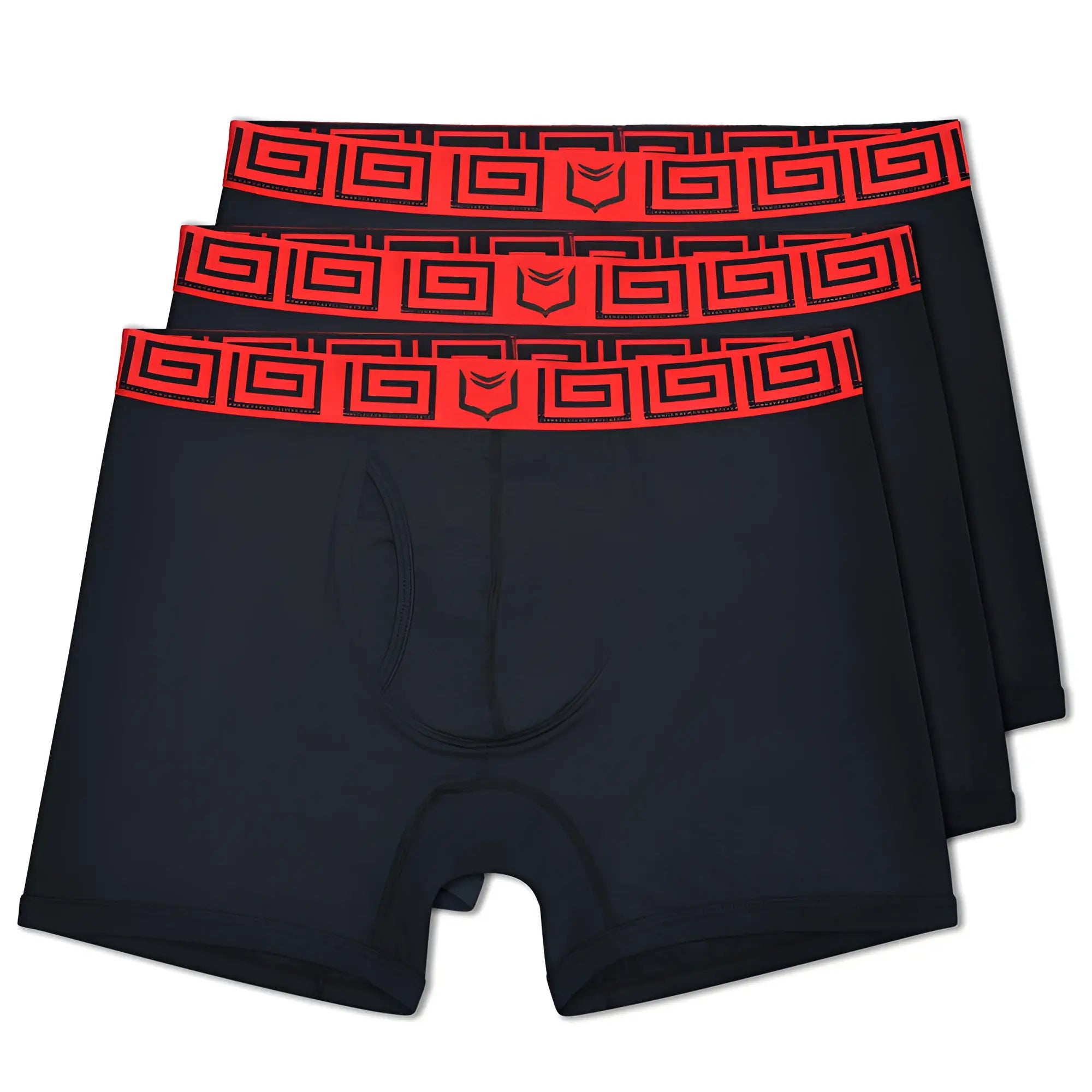 Black sheath 4.0 dual pouch boxer briefs 3 pack with bold red greek key waistband and small black logo