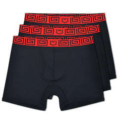 Black sheath 4.0 dual pouch boxer briefs 3 pack with bold red greek key waistband and small black logo