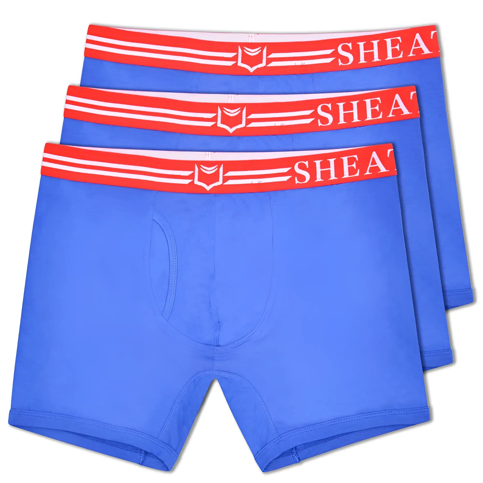 Blue dual pouch boxer briefs with red and white sheath logo elastic waistbands in a 3 pack bundle