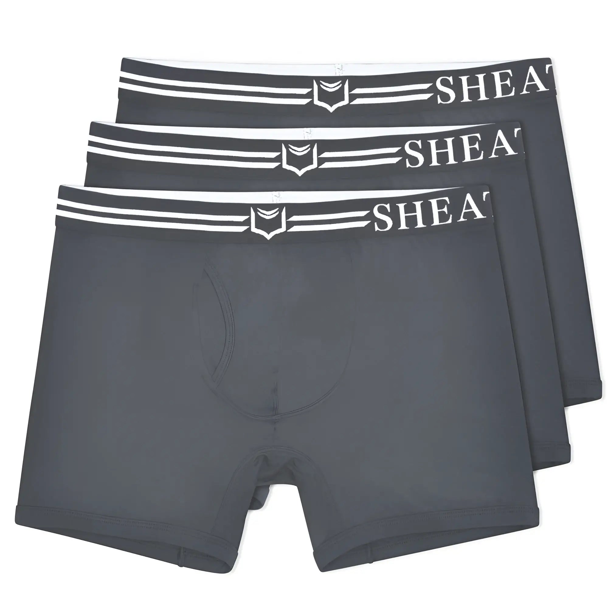Dark gray dual pouch boxer briefs with white sheath elastic waistband and shield logo in a 3 pack bundle