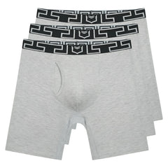 Gray heathered sheath v bamboo men’s 8 inch performance boxer briefs with black white geometric waistband in 3 pack