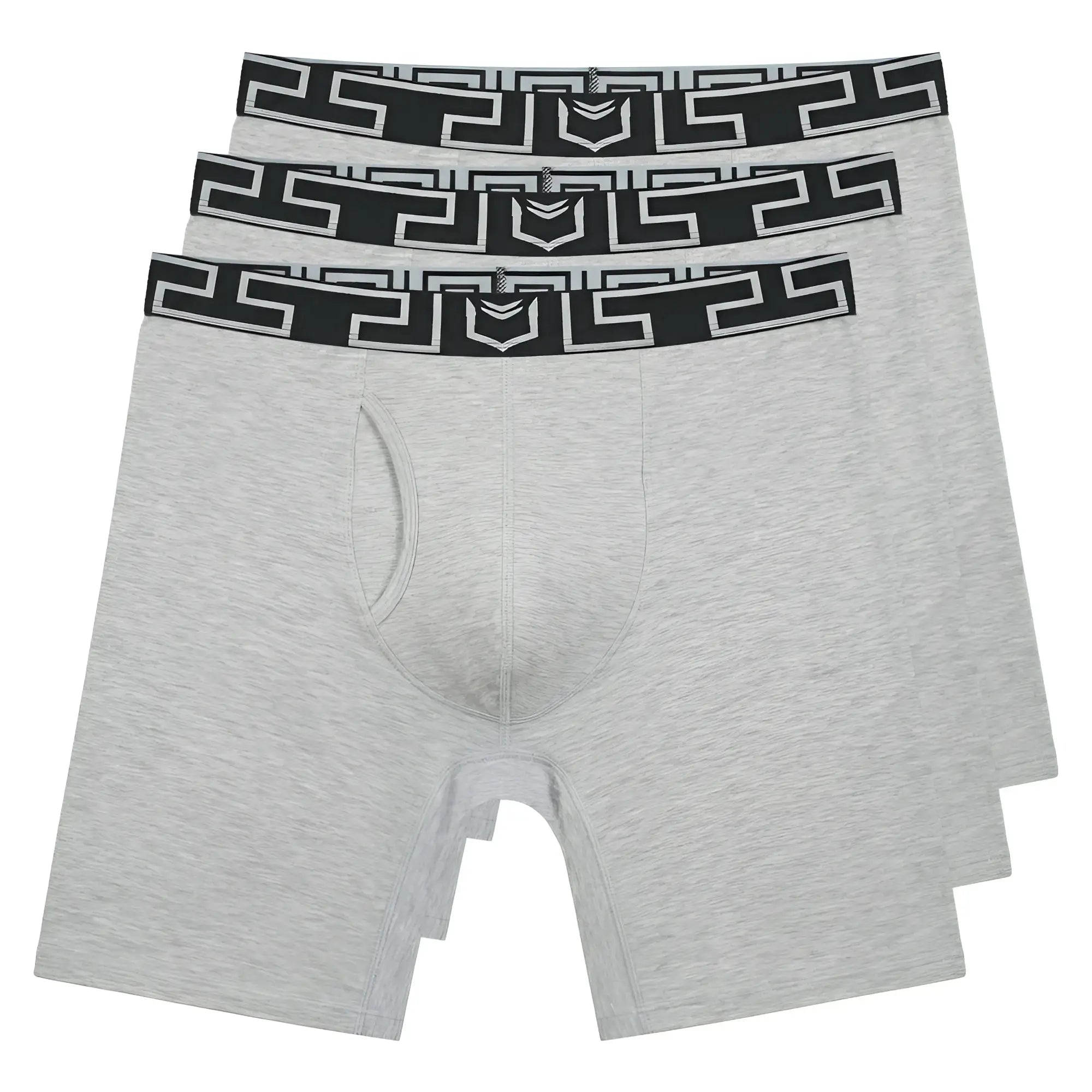 Gray heathered bamboo men’s performance boxer briefs with black and white geometric waistband in 3 pack