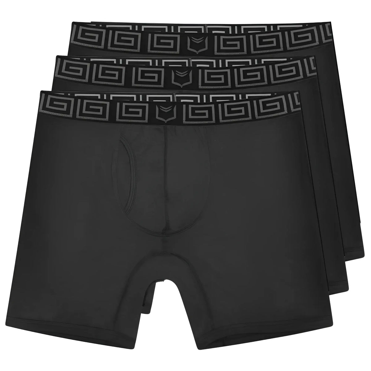 Black sheath v bamboo men’s 8 inch performance boxer briefs with geometric waistband and dual pouch design