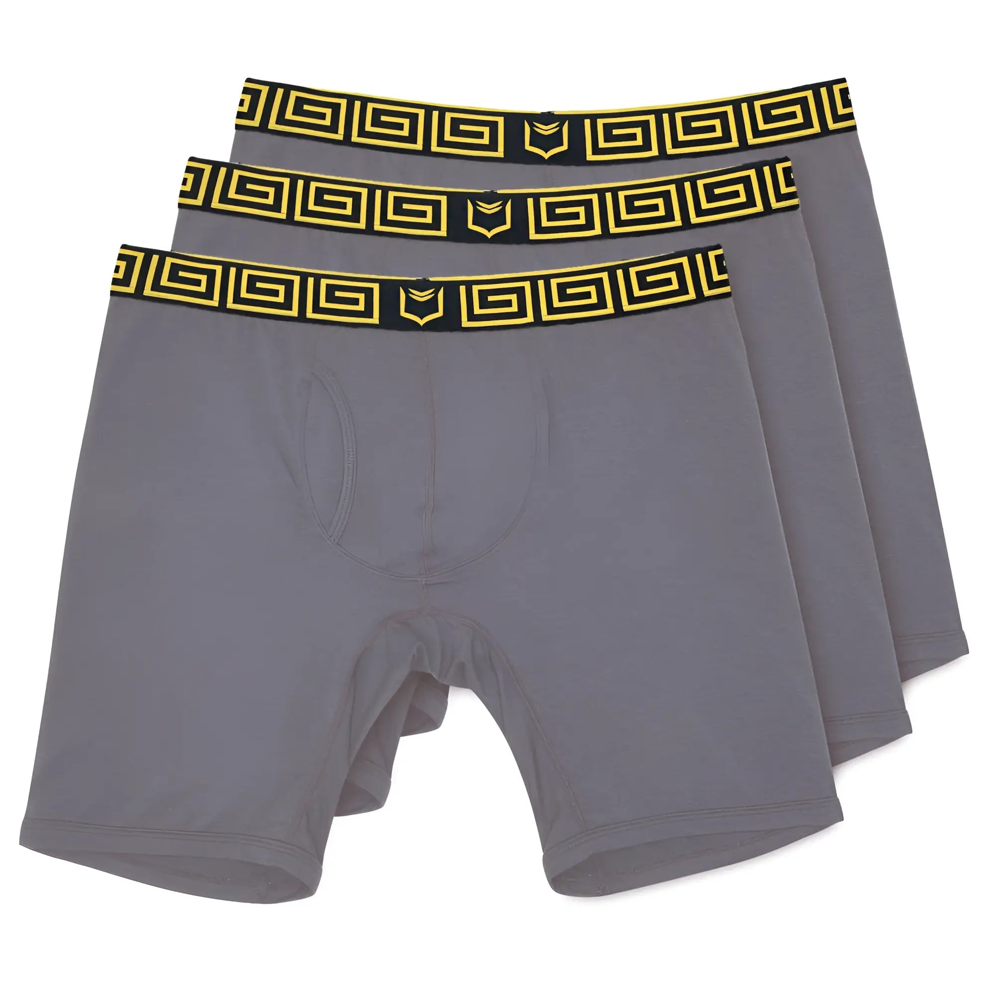 Gray boxer briefs with black and yellow Greek key waistband in SHEATH V men’s 8-inch sports performance 3-pack bundle