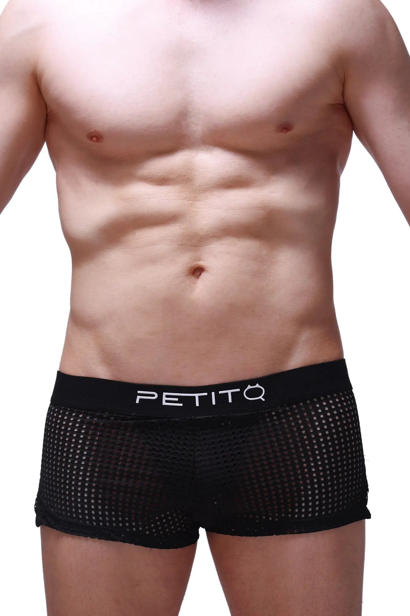Short jock durtol black black mesh briefs with a solid black waistband featuring the petitq logo in white lettering