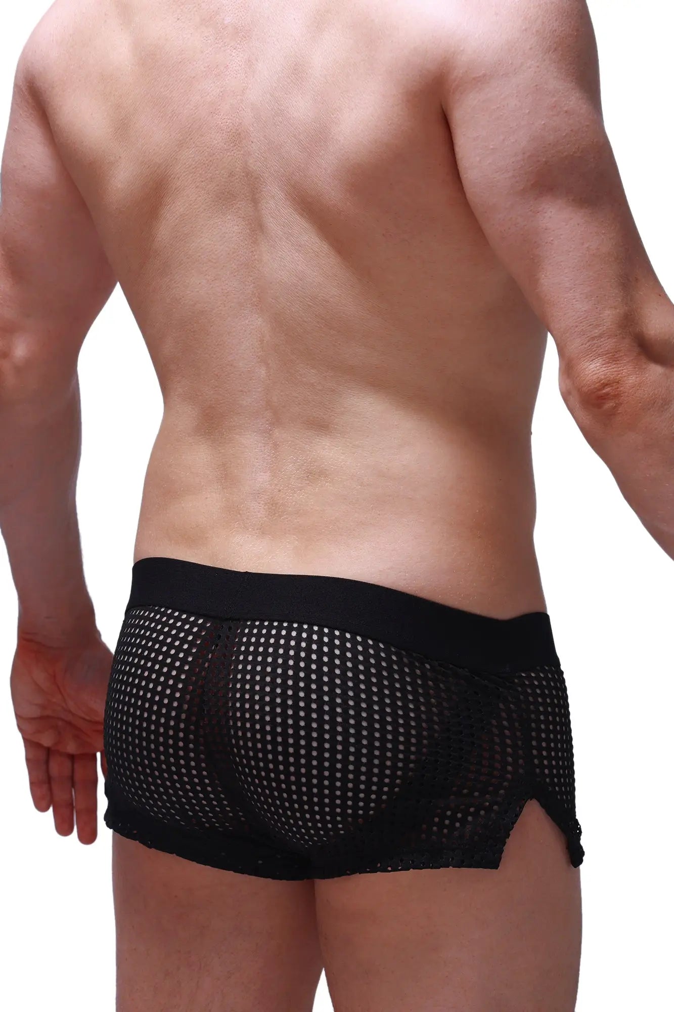 Short jock durtol black mesh briefs with solid black waistband and side slit shown from the back side