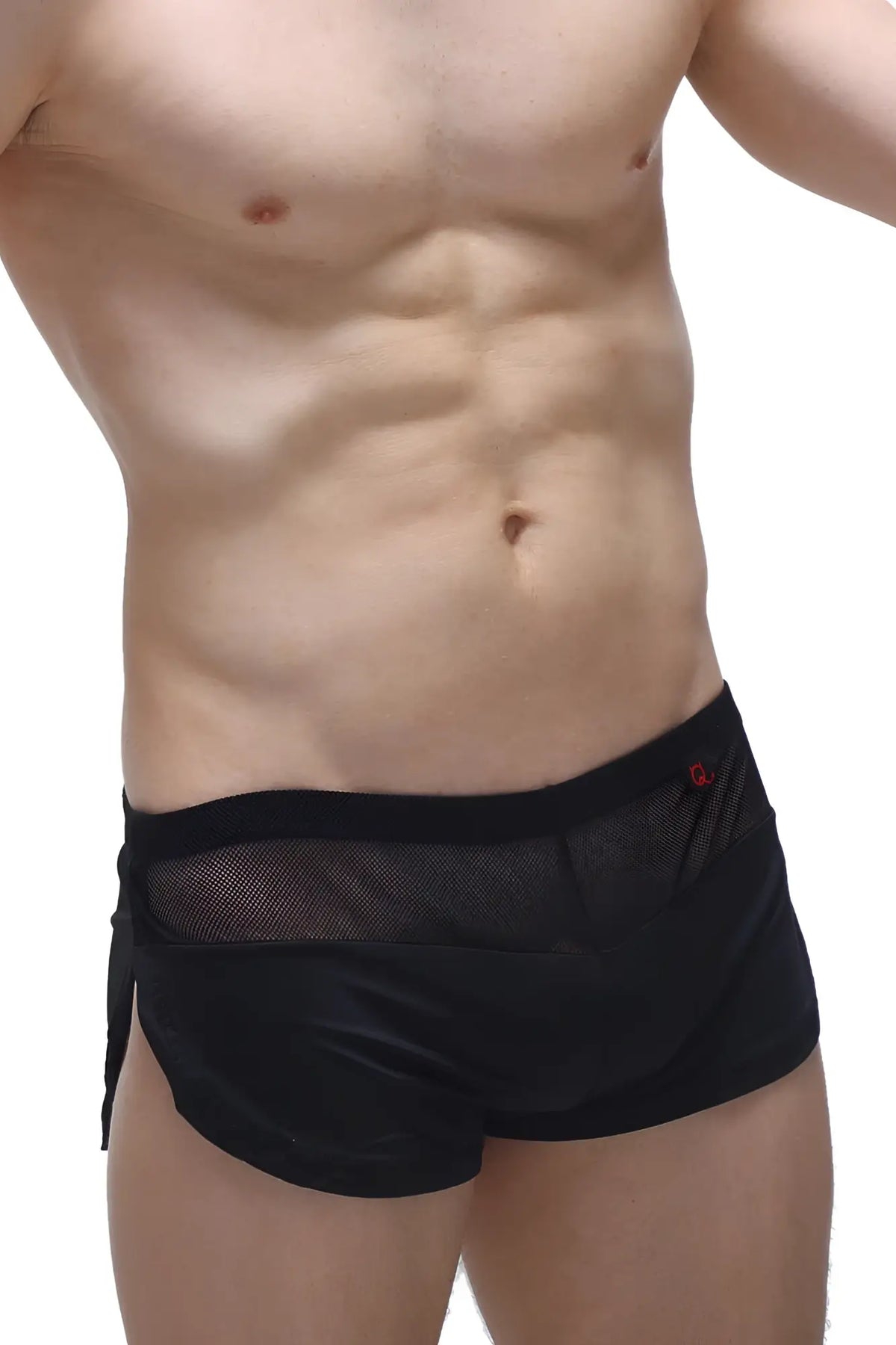 Short lounge black briefs in black mesh and satin with a red logo on the waistband