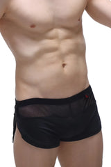 Short lounge black briefs in black mesh and satin with a red logo on the waistband