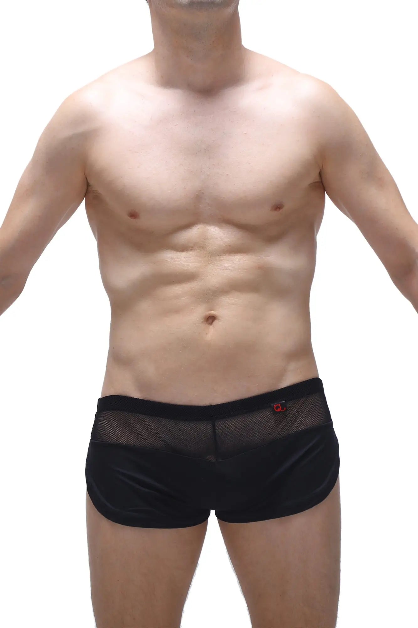 Short lounge black mesh briefs with solid black waistband and small red logo on the side