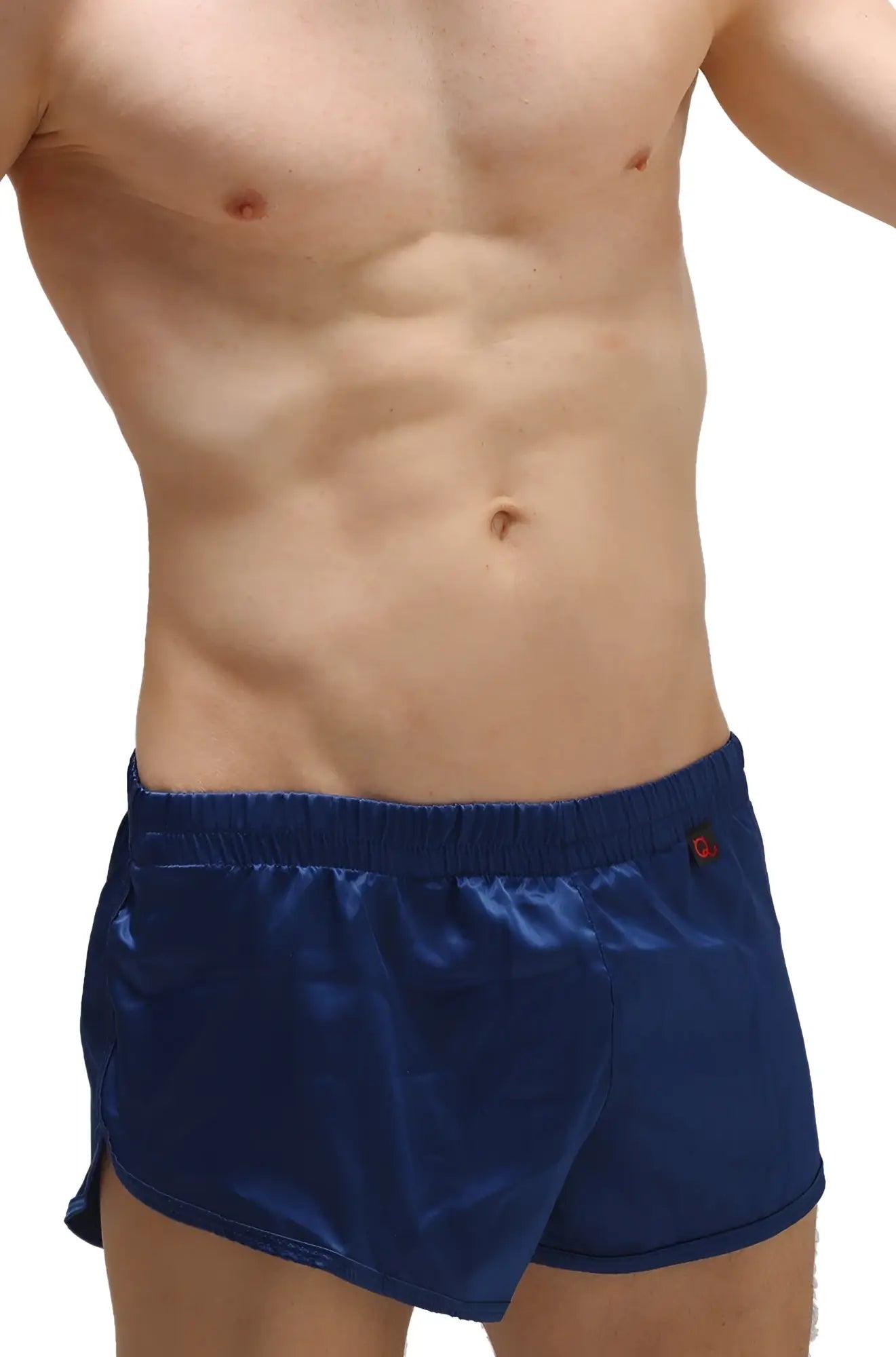 Navy blue satin shorts with red logo on waistband featuring built-in jockstrap for supportive comfort