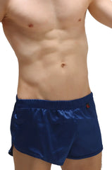 Navy blue satin shorts with red logo on waistband featuring built-in jockstrap for supportive comfort