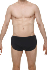Short snap joe black black briefs with a small red logo on the left hip for comfortable everyday wear