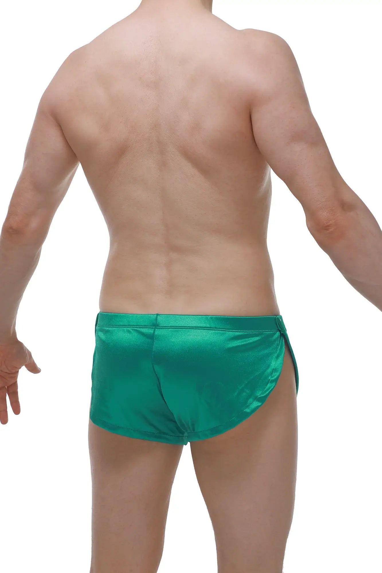 Shiny emerald green satin swim trunks known as short snap satin green with a smooth glossy finish
