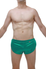 Short snap satin green shiny emerald green swim trunks with subtle logo on waistband visible from front side