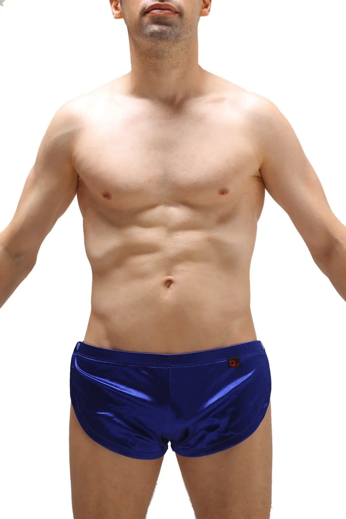 Blue shiny satin swim trunks short snap satin sapphire with small logo on the waistband