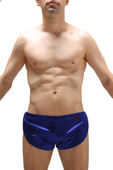 Blue shiny satin swim trunks short snap satin sapphire with small logo on the waistband