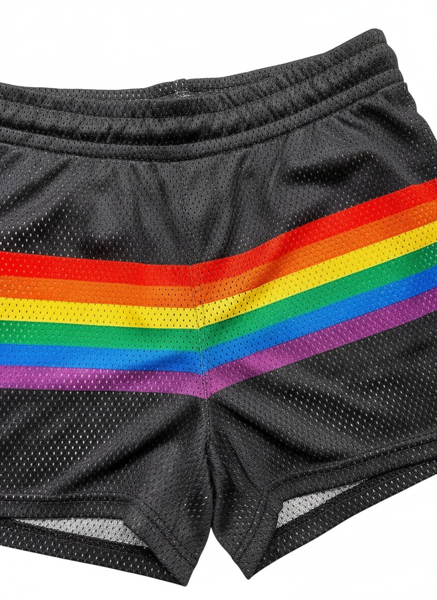 Black mesh athletic shorts with a bold multi-colored rainbow stripe across the front called rainbow stripe mesh shorts
