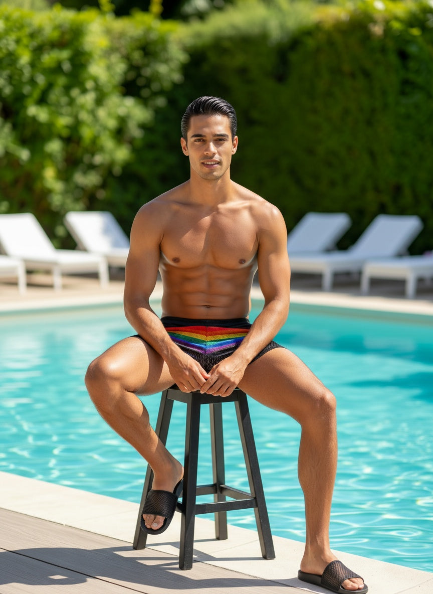 Rainbow stripe mesh shorts with rainbow-striped swim trunks and a black waistband for casual beachwear