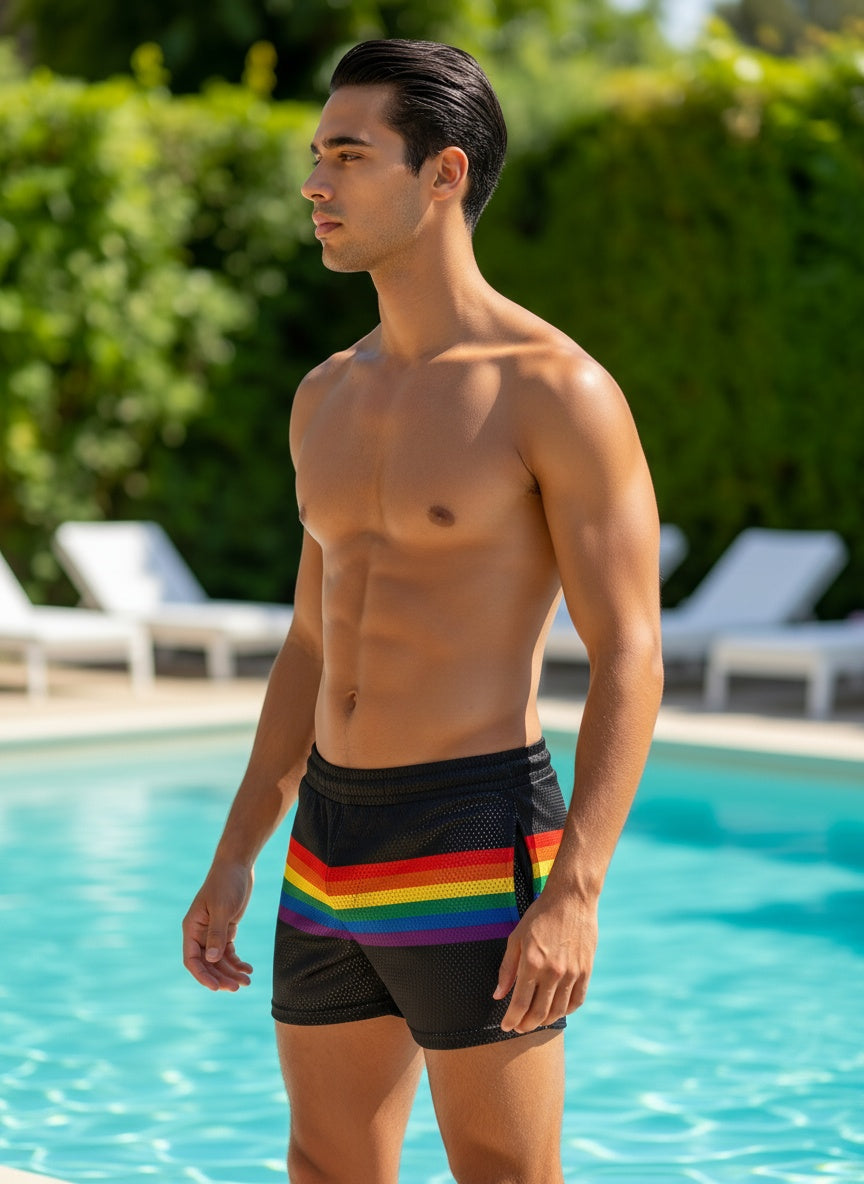 Black mesh swim trunks featuring a vibrant rainbow stripe across the front in rainbow stripe mesh shorts design