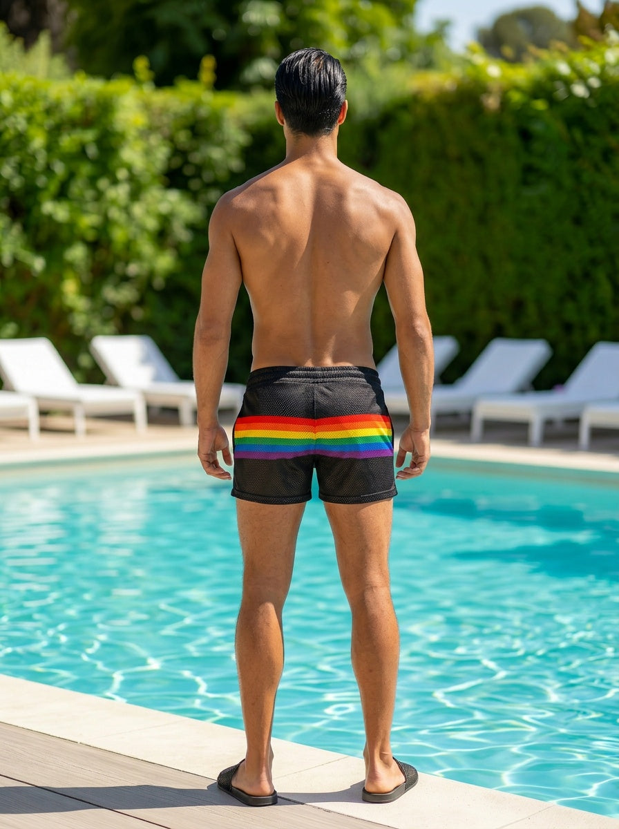 Black rainbow stripe mesh shorts with vibrant rainbow waistband stripe designed for swimwear use