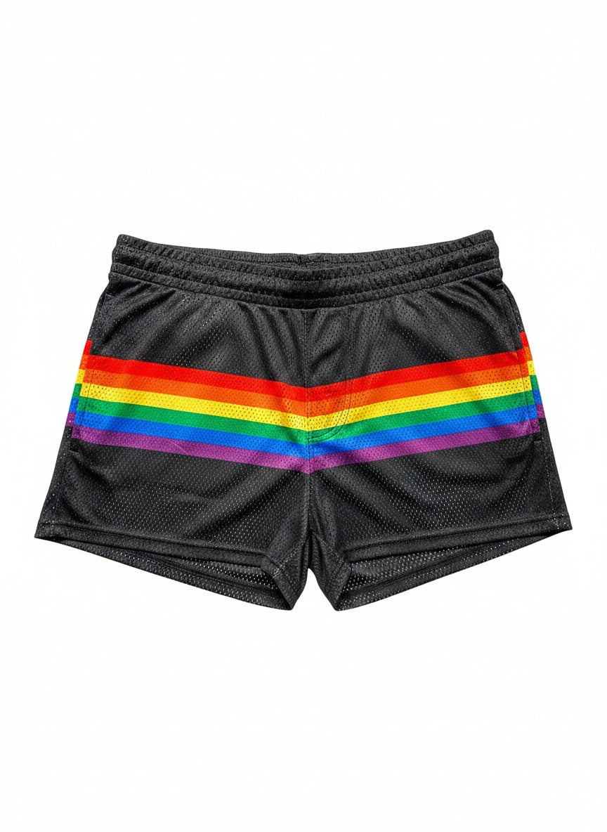 Black mesh athletic shorts with a bold horizontal rainbow stripe across the front designed for active wear