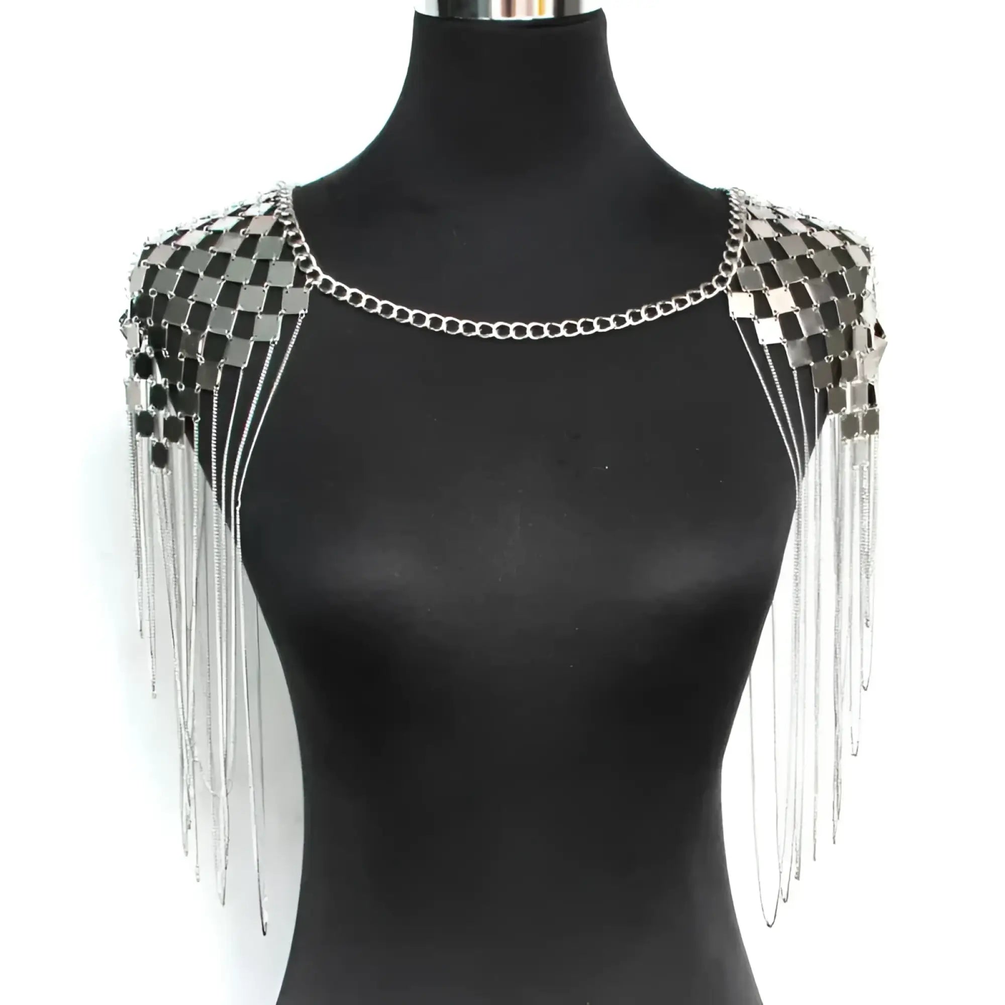 Silver metallic shoulder tassel necklace with grid of reflective square plates and dangling chain accents