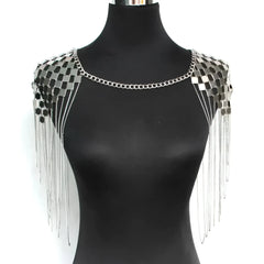Silver metallic shoulder tassel necklace with grid of reflective square plates and dangling chain accents