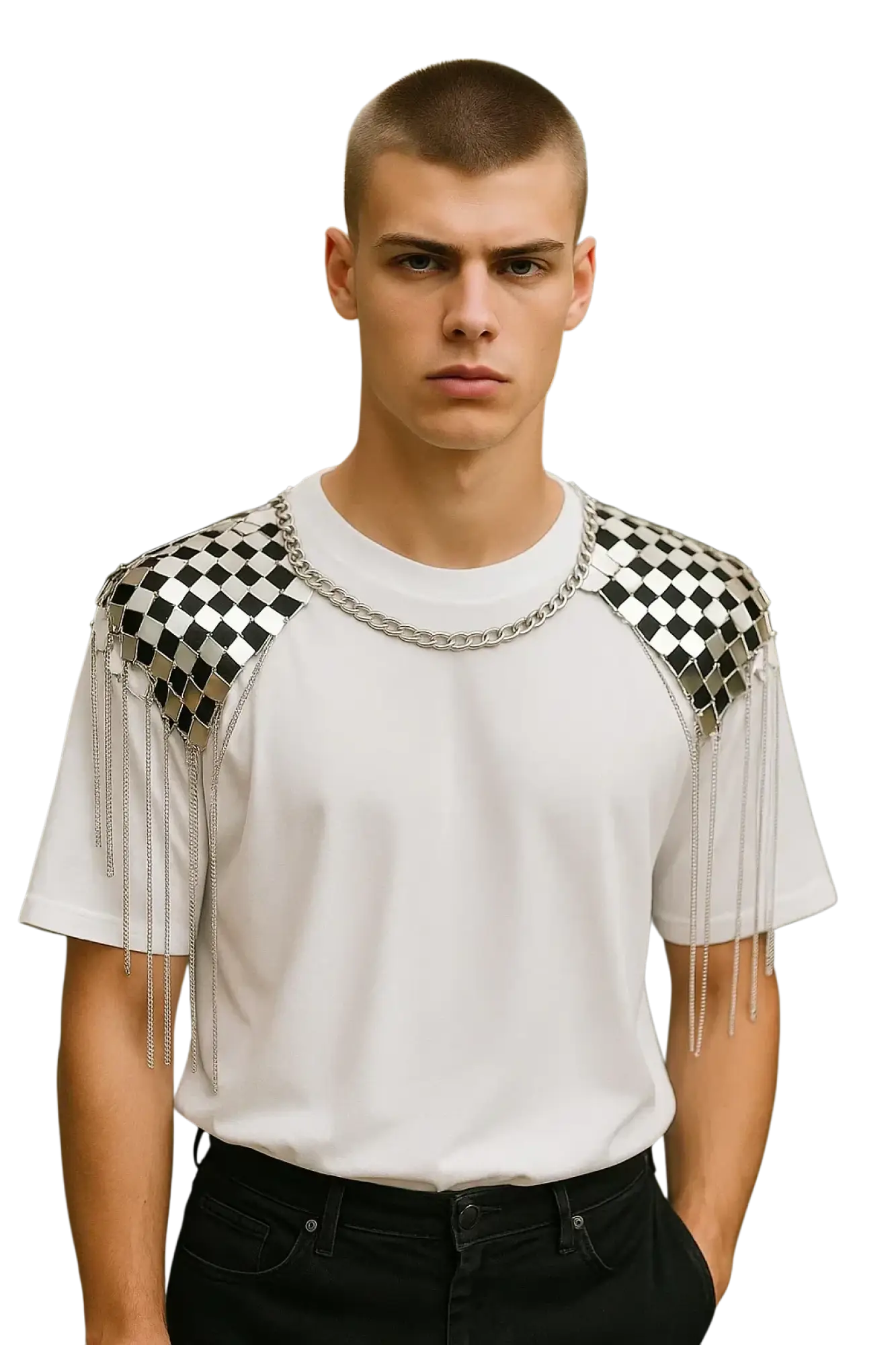 White t-shirt with black and silver checkered shoulder panels featuring dangling chain tassels shoulder tassel necklace