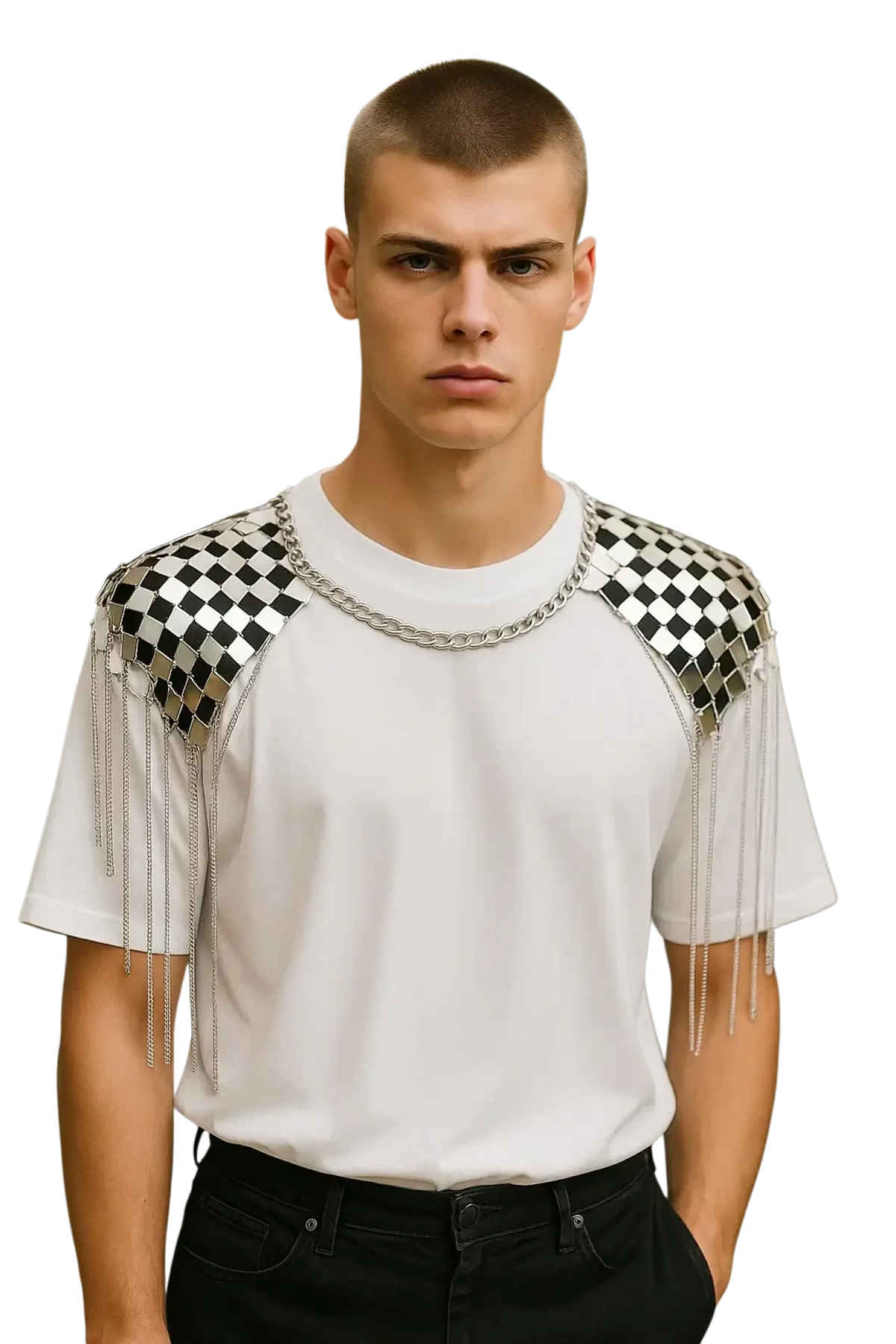 White t-shirt with black and silver checkered shoulder panels featuring dangling chain tassels shoulder tassel necklace